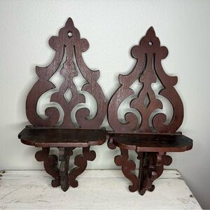 Pair of Vintage Fretwork Shelves Handcrafted Ornate Carved Wooden Shelf Dark Pat